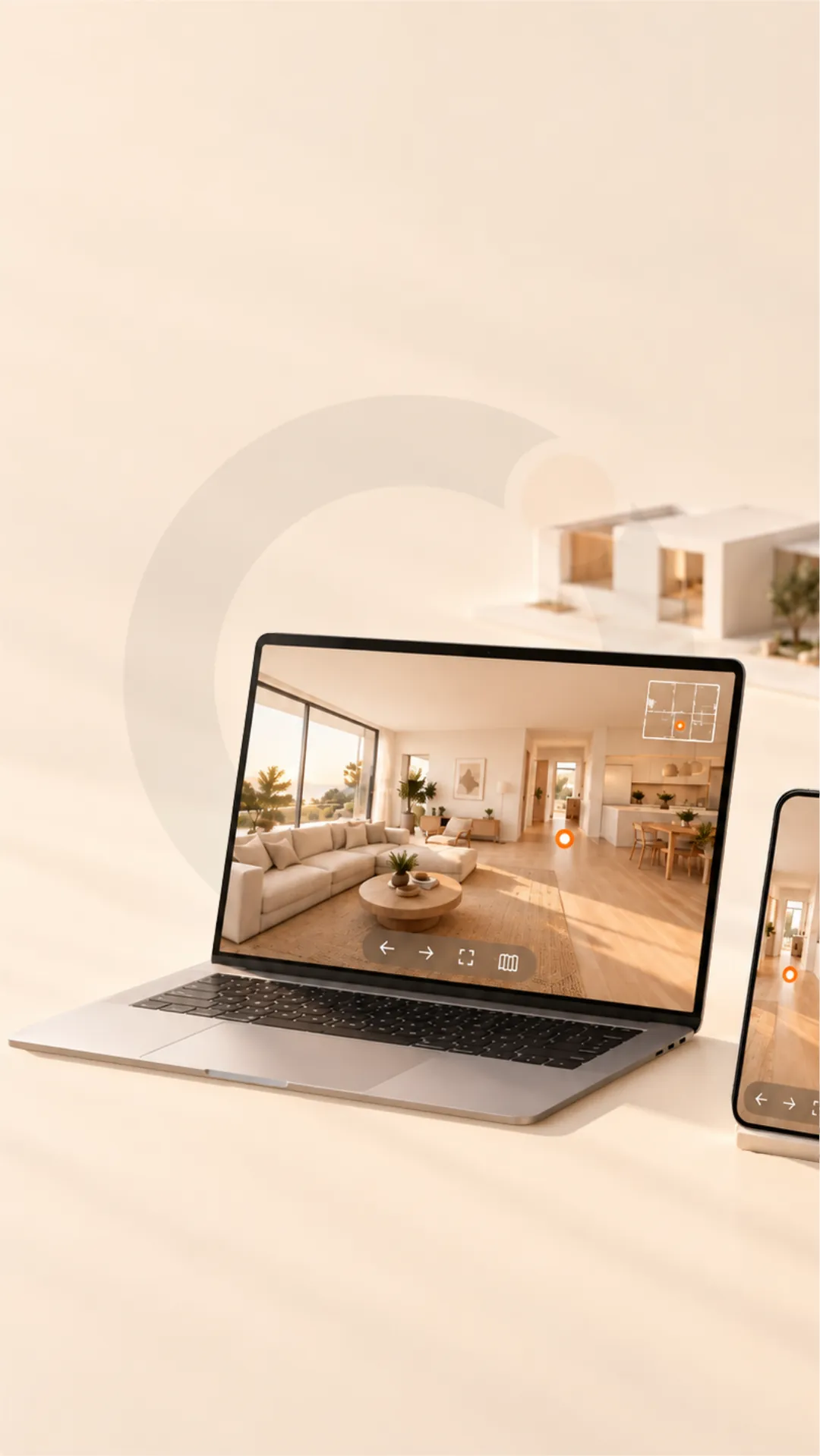 Ilustração arquitetônica detalhando a jornada de 6 passos do render ao tour virtual 360°.