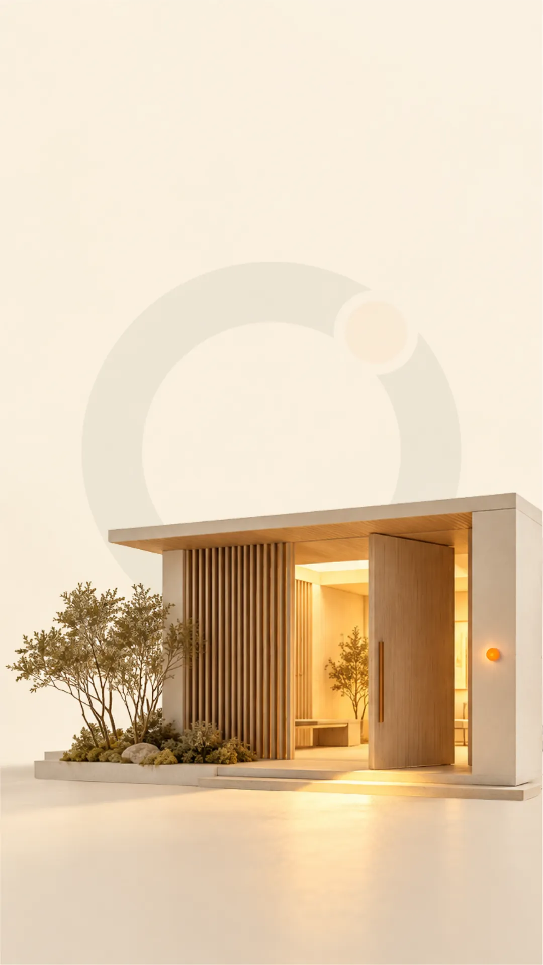 Maquete de um pequeno pavilhão com a porta entreaberta e uma luz quente saindo pela entrada.